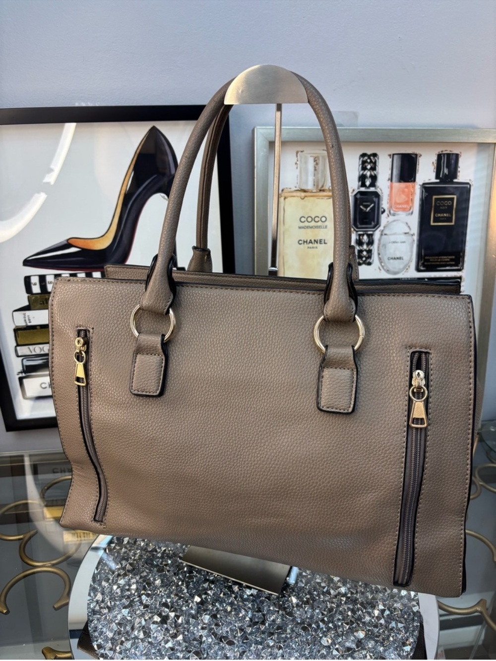 Structured Taupe Satchel with Gold Lock Detail - Picture 6 of 9